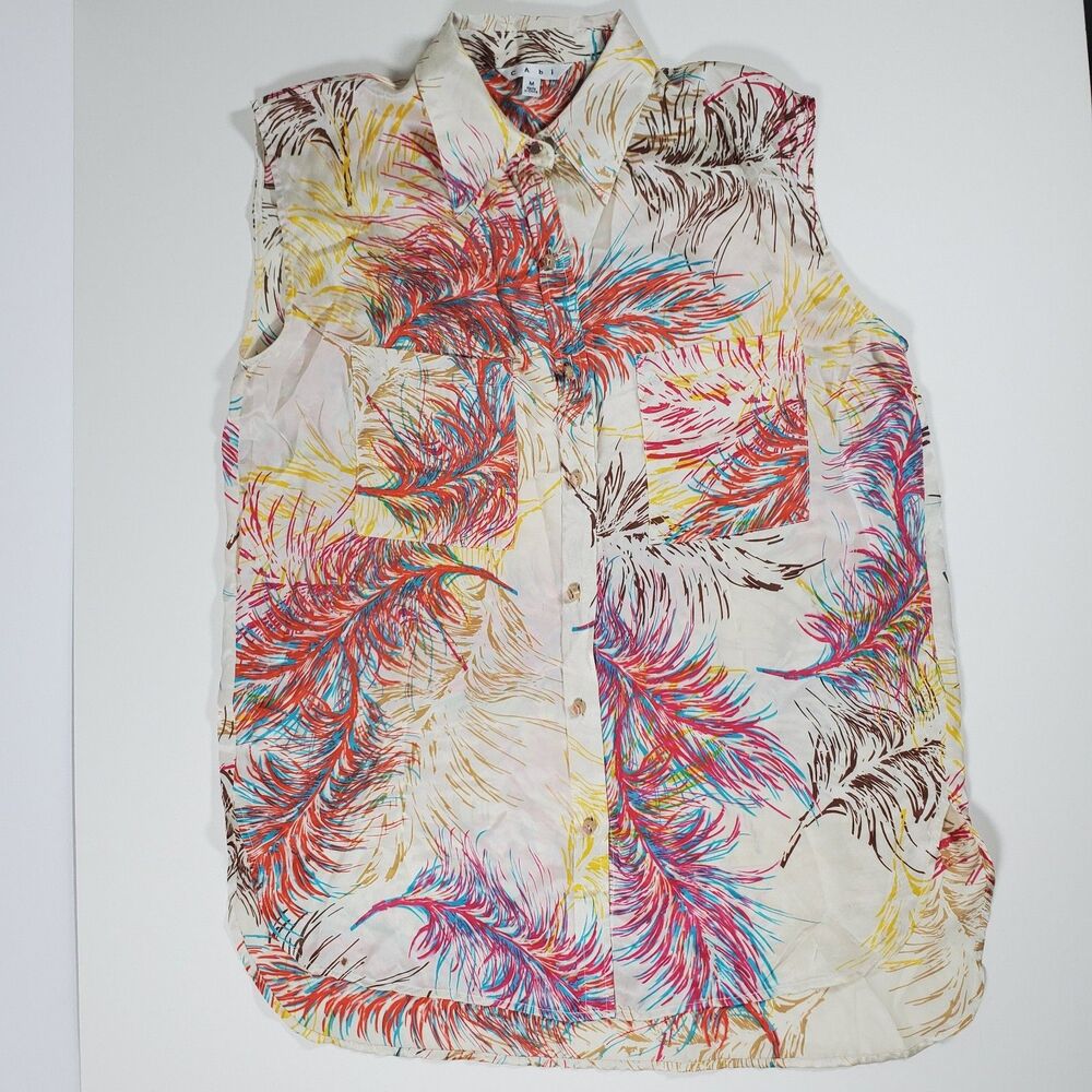 CAbi Women’s Top Medium Multicolored Silk Sleeveless Blouse Button-Up Shirt